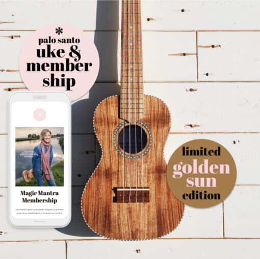 'golden sun' ukelele massief hout + magic mantra membership